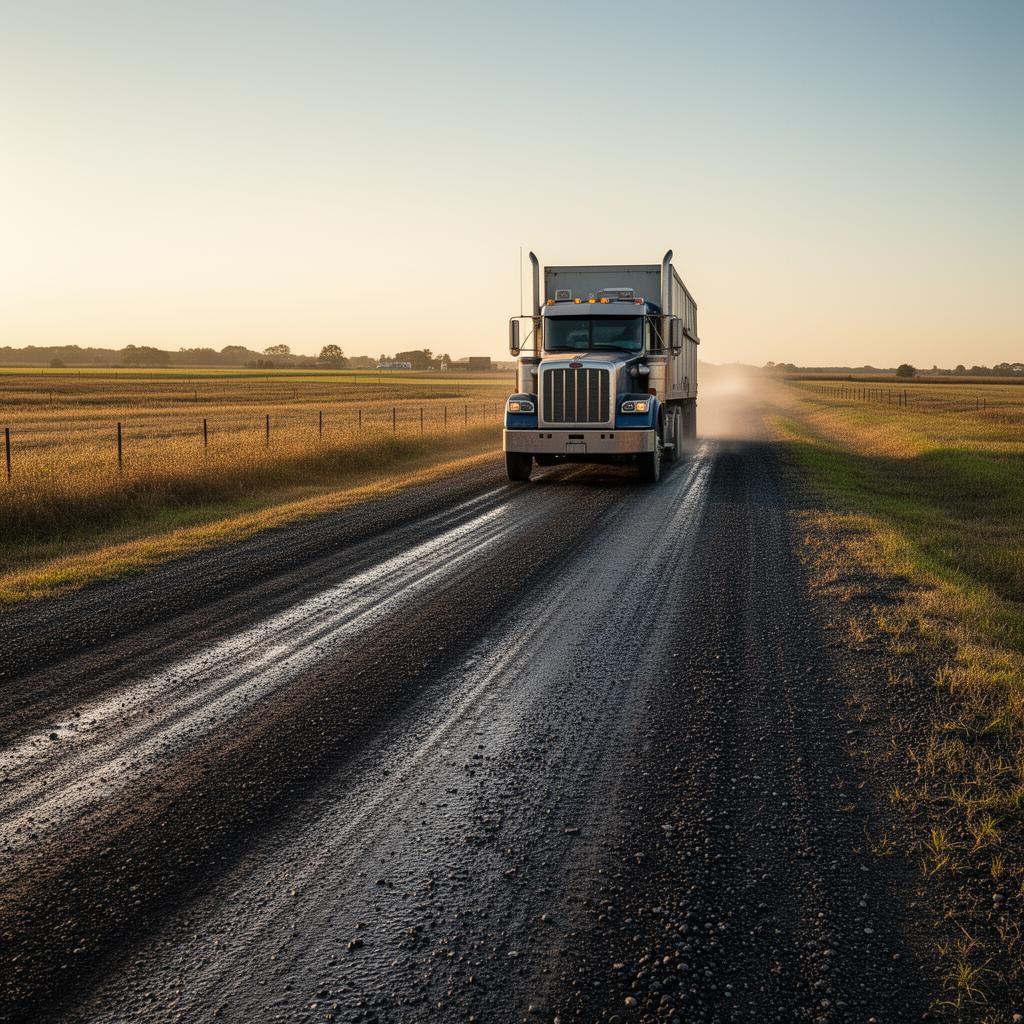 Same gravel road after chloride dust control treatment — dark damp surface, no dust