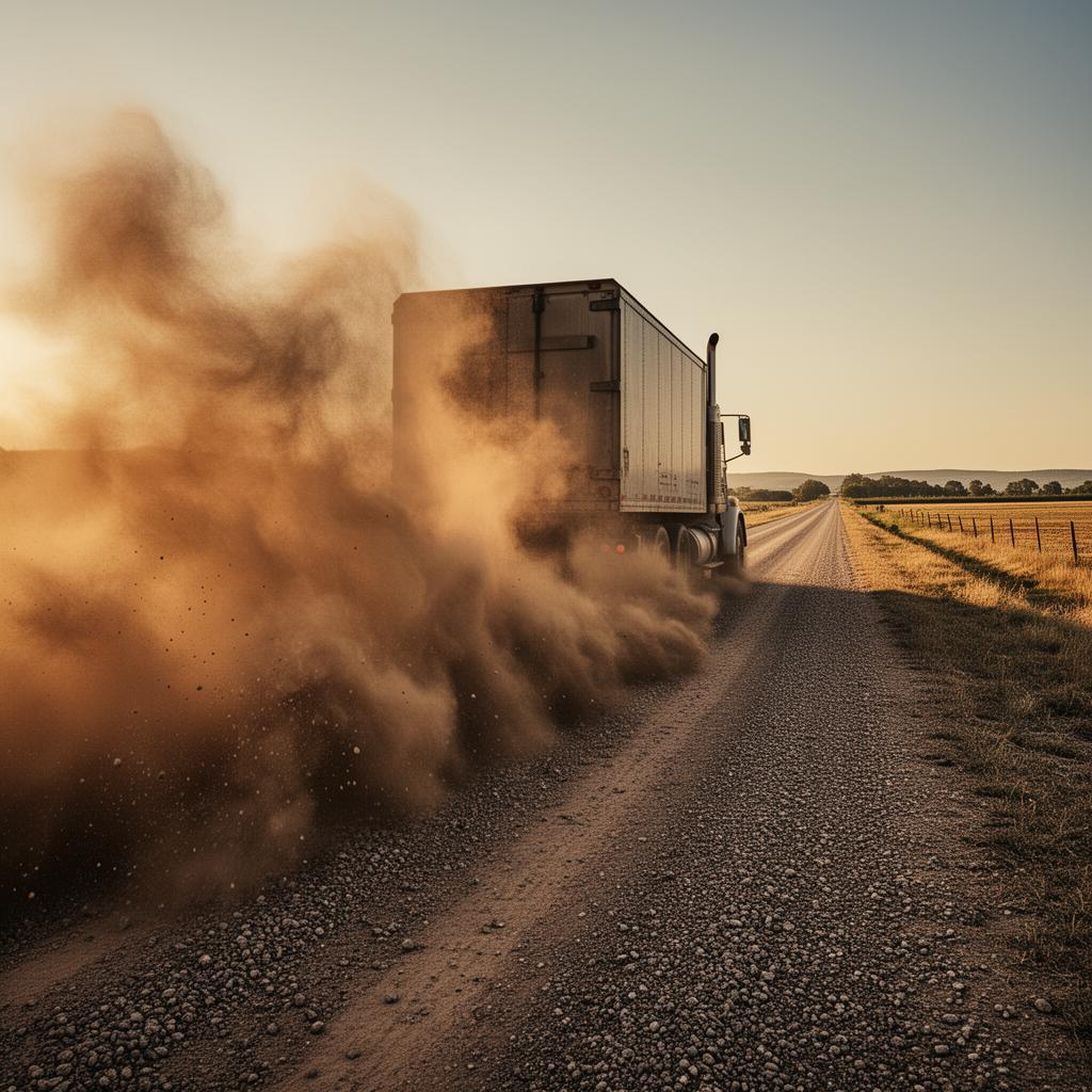 Dusty gravel road with heavy dust cloud kicked up by a semi-truck