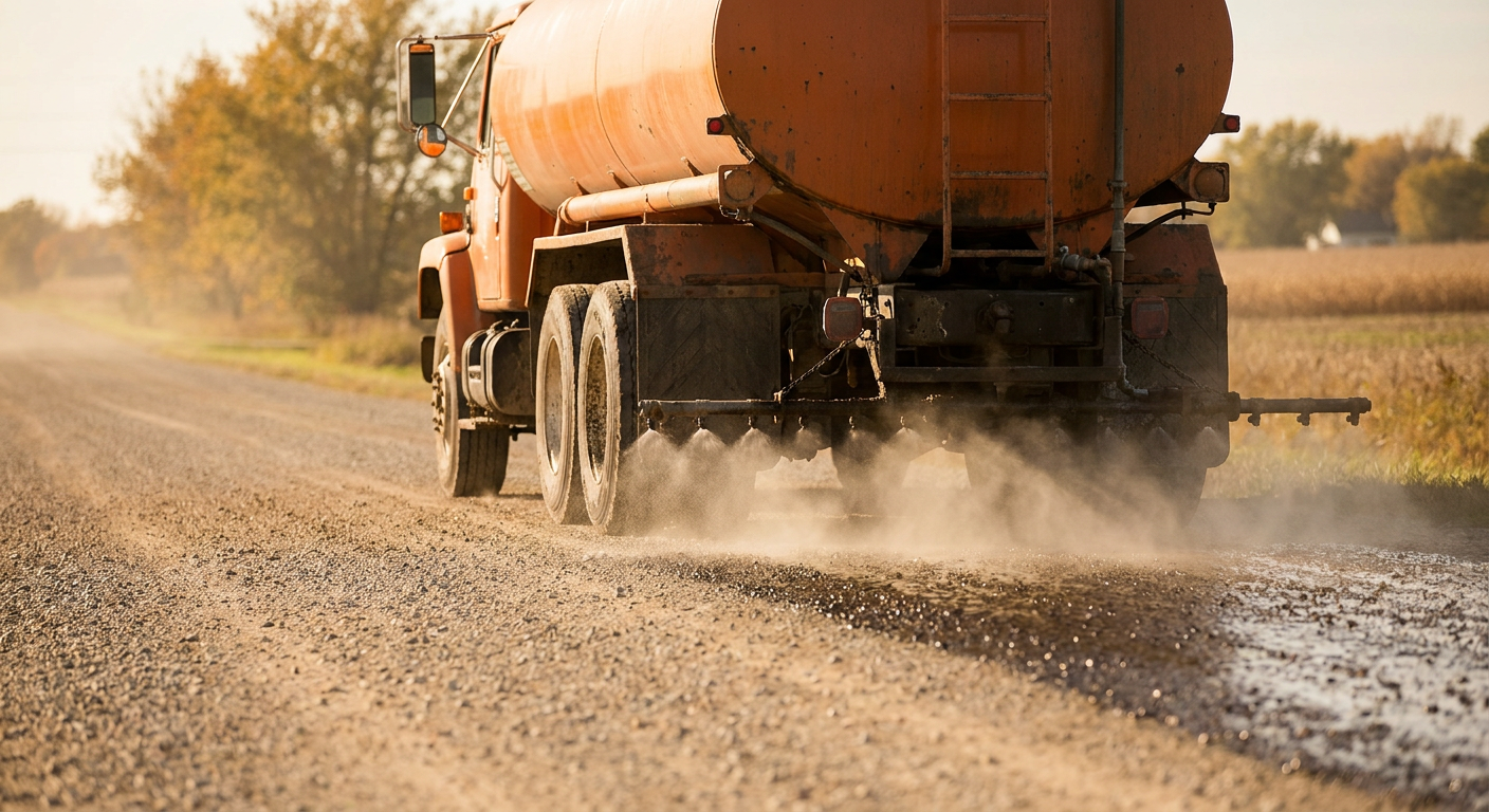 Same gravel road after chloride dust control treatment — dark damp surface, no dust