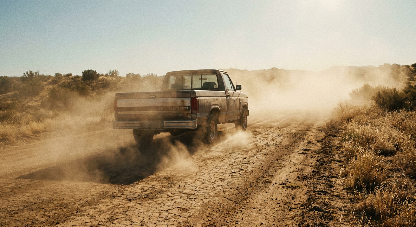 Dusty gravel road with heavy dust cloud kicked up by a semi-truck